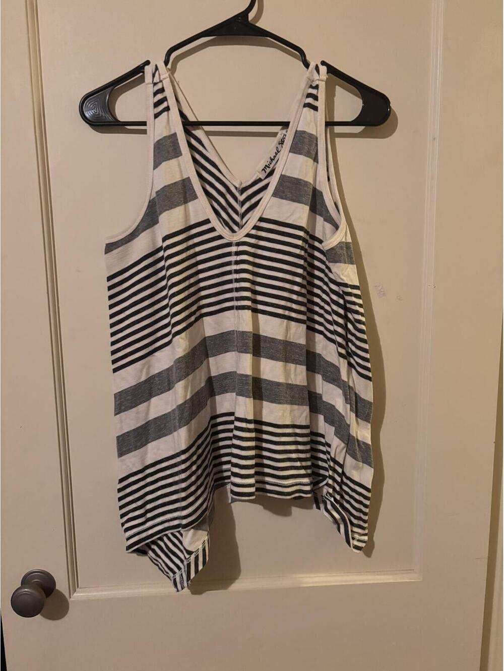 Michael Stars Black White Gray Striped Sleeveless V-Neck Tunic Top Size M